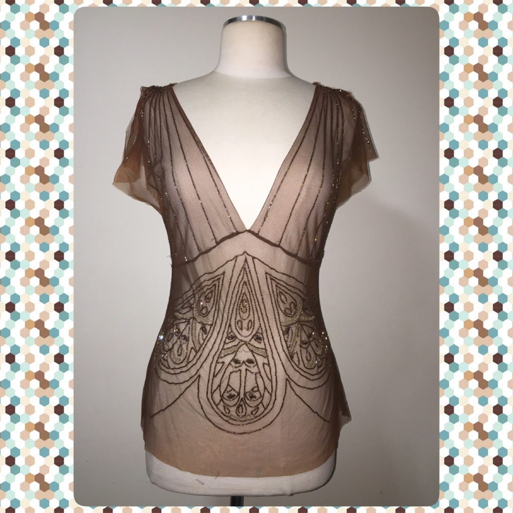 👠👖👛Sheer Sequin Stretch Dark Brown Top Sz M